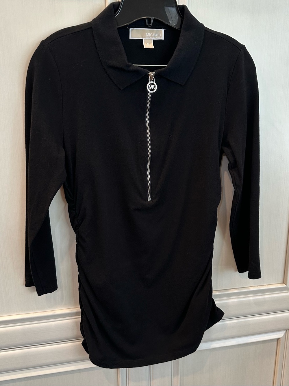 NWOT Michael Kors Black Half Zip-Front Polo Knit Top with 3/4 Sleeves